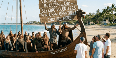 Vikings on a wooden ship holding a sign recruiting volunteers on a beach in Queensland
