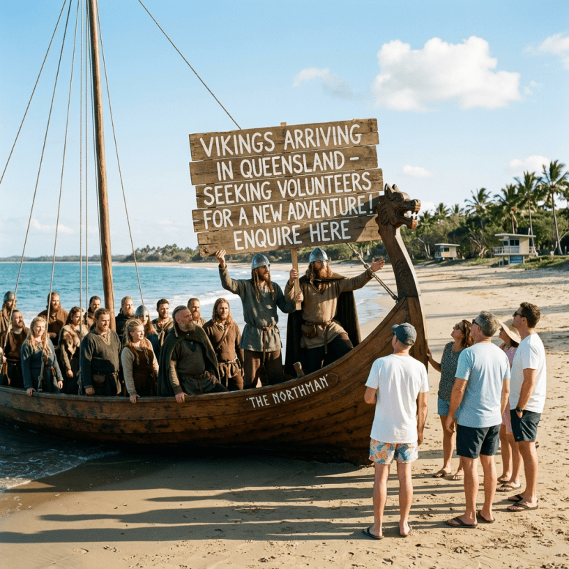 Vikings on a wooden ship holding a sign recruiting volunteers on a beach in Queensland