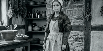 Woman seated by open fire cooking in a pot outdoors with graveyard background