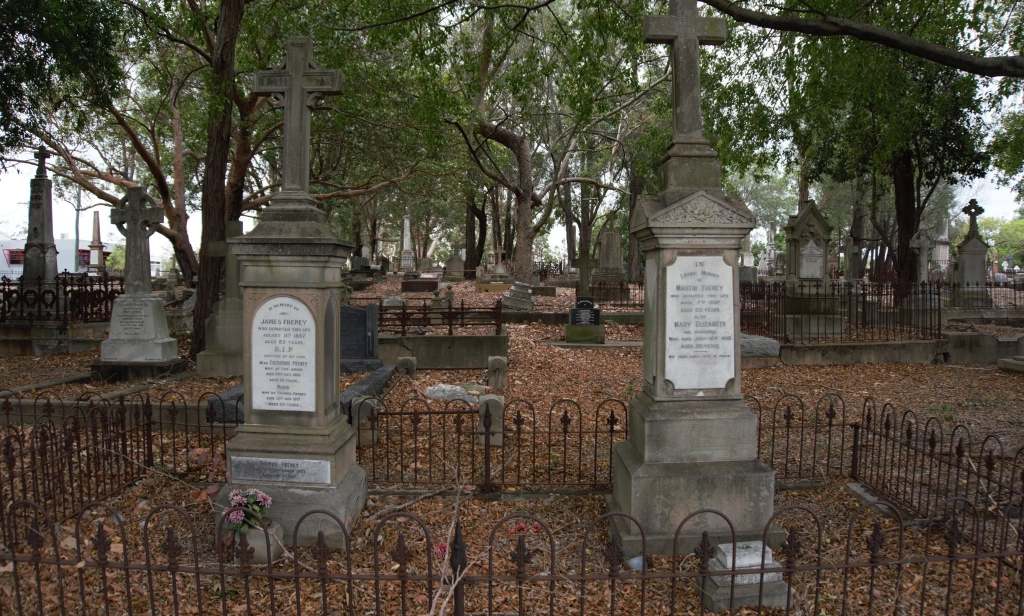 A tranquil cemetery scene featuring several old gravestones and crosses amidst fallen leaves and lush greenery.