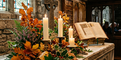 Candlelit church altar with autumn foliage, Celtic cross, and open book