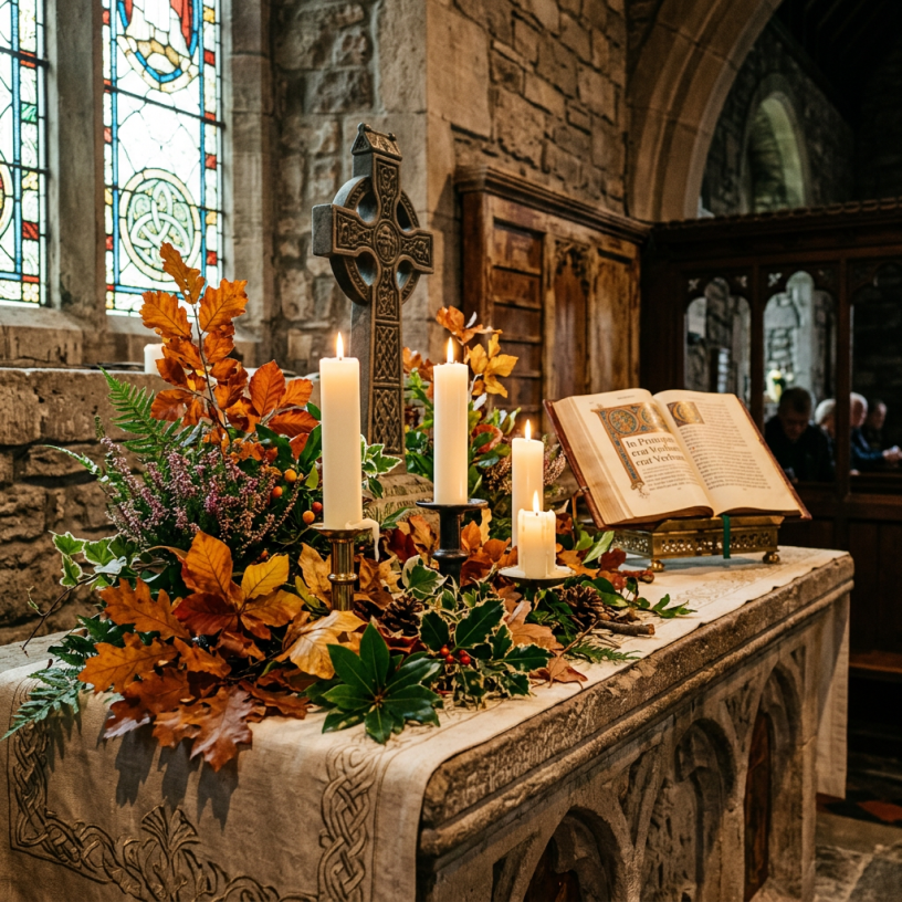 Candlelit church altar with autumn foliage, Celtic cross, and open book