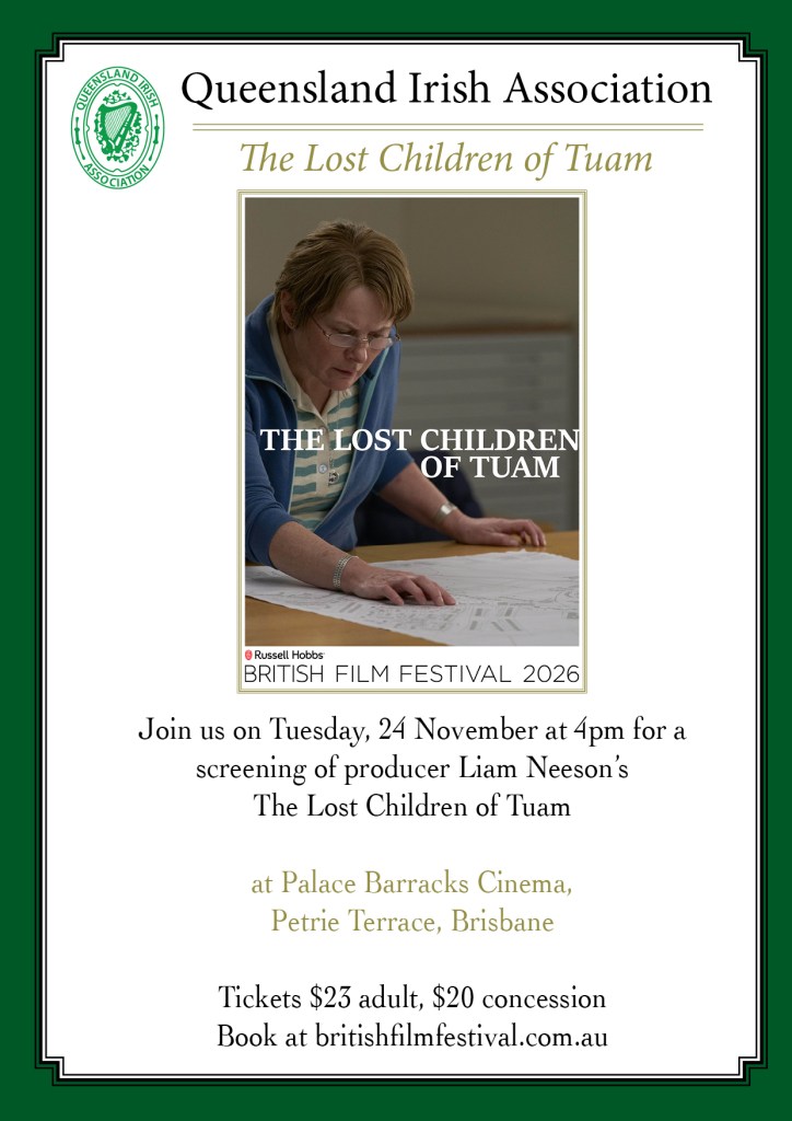 Promotional poster for the Queensland Irish Association's screening of 'The Lost Children of Tuam' at the British Film Festival 2026, featuring event details and an image of a woman looking thoughtfully.
